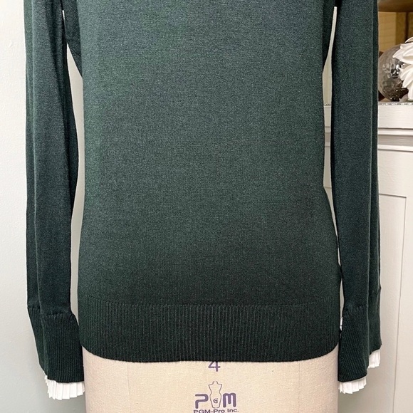 Vila Milano Layered Look Wool Sweater w Pleated Blouse Dark Green White Large - Picture 5 of 11